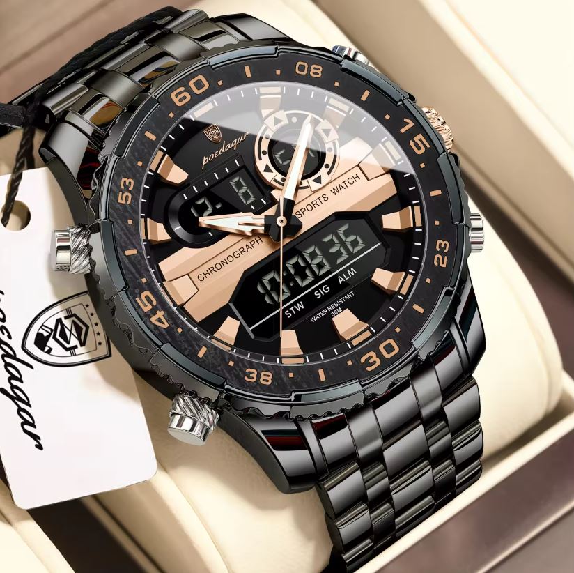 POEDAGAR 122 Luxury Dual Time LED Watch Black Rose Gold– Waterproof Digital Stainless Steel Men’s Wristwatch