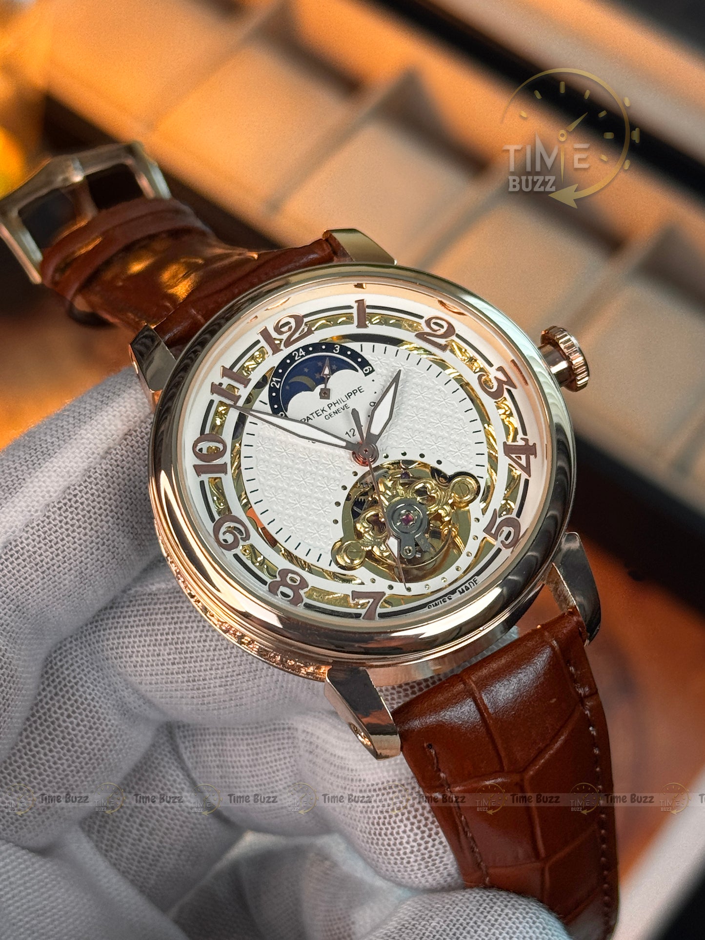 Patek Philippe Automatic Open Heart Watch – White Dial, Moonphase-Style Display & Brown Leather Strap