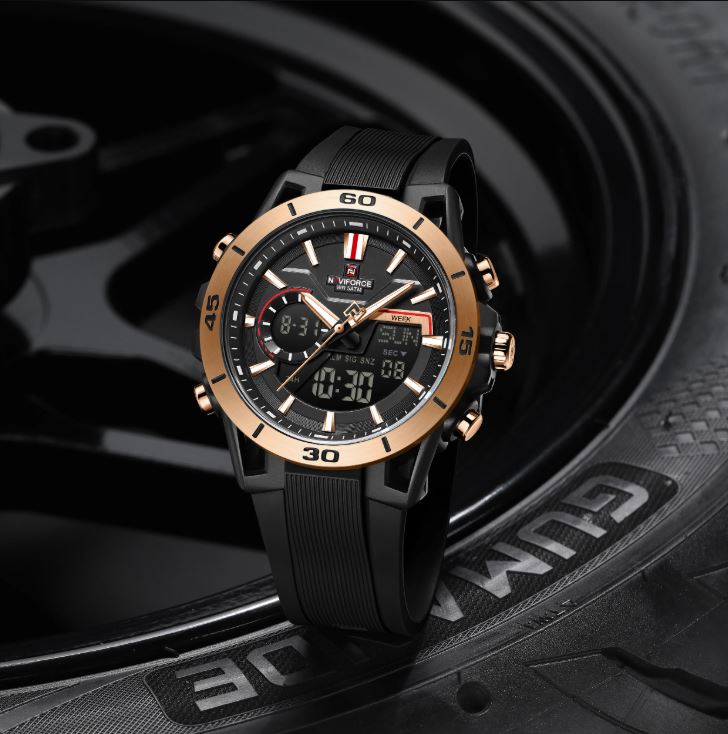 NAVIFORCE 7135 Men’s Dual Display Sports Watch Black Rose Gold– Luminous 50M Waterproof Digital Quartz Wristwatch