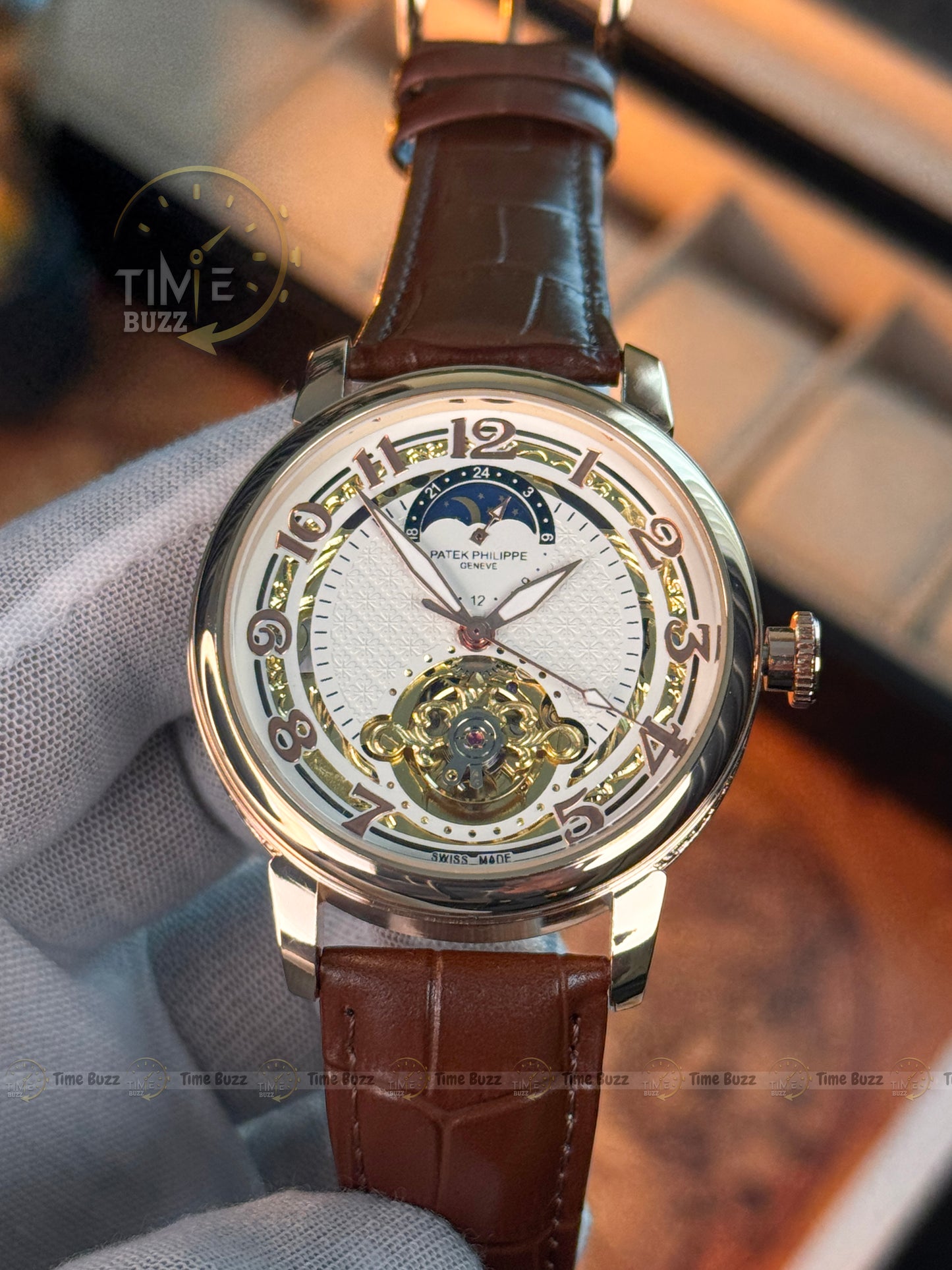Patek Philippe Automatic Open Heart Watch – White Dial, Moonphase-Style Display & Brown Leather Strap