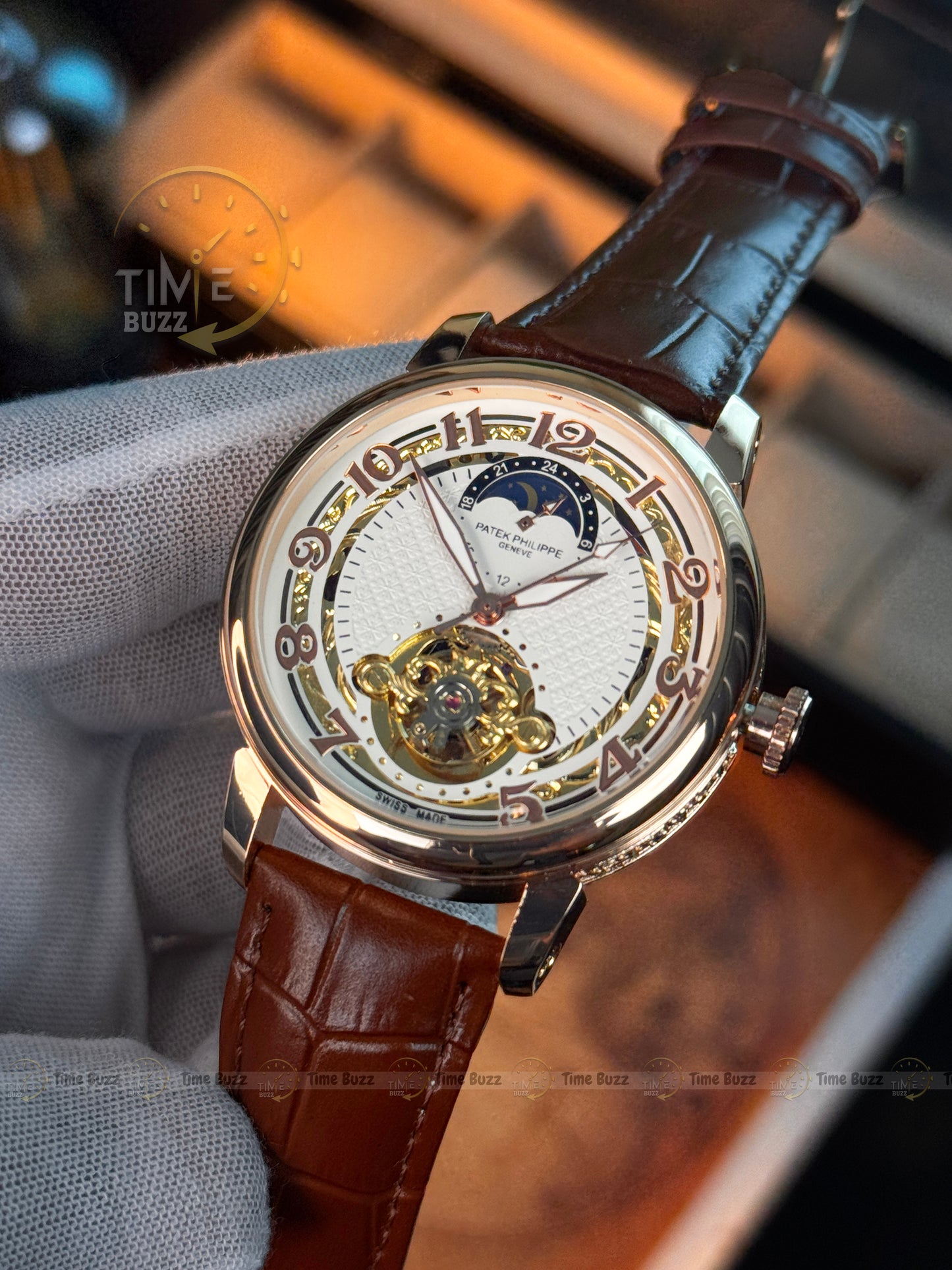 Patek Philippe Automatic Open Heart Watch – White Dial, Moonphase-Style Display & Brown Leather Strap