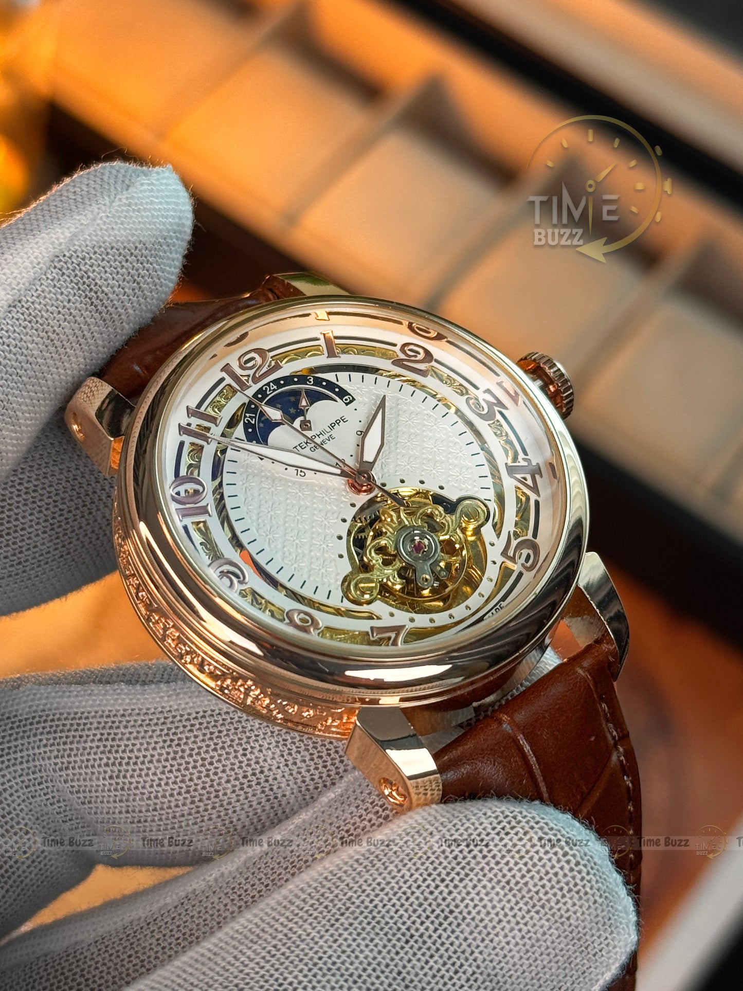 Patek Philippe Automatic Open Heart Watch – White Dial, Moonphase-Style Display & Brown Leather Strap