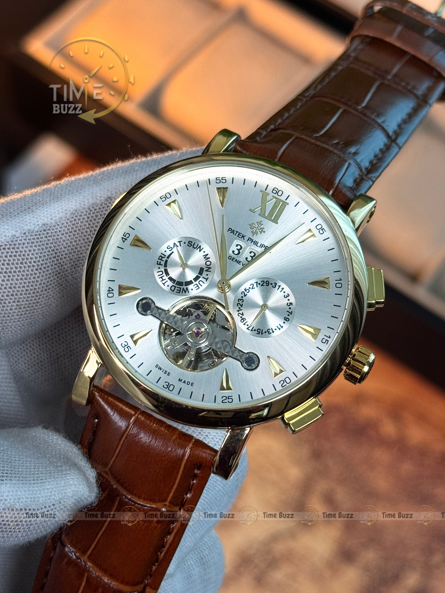 Patek Philippe Tourbillon Calendar Men’s Watch – White Dial & Brown Leather Strap