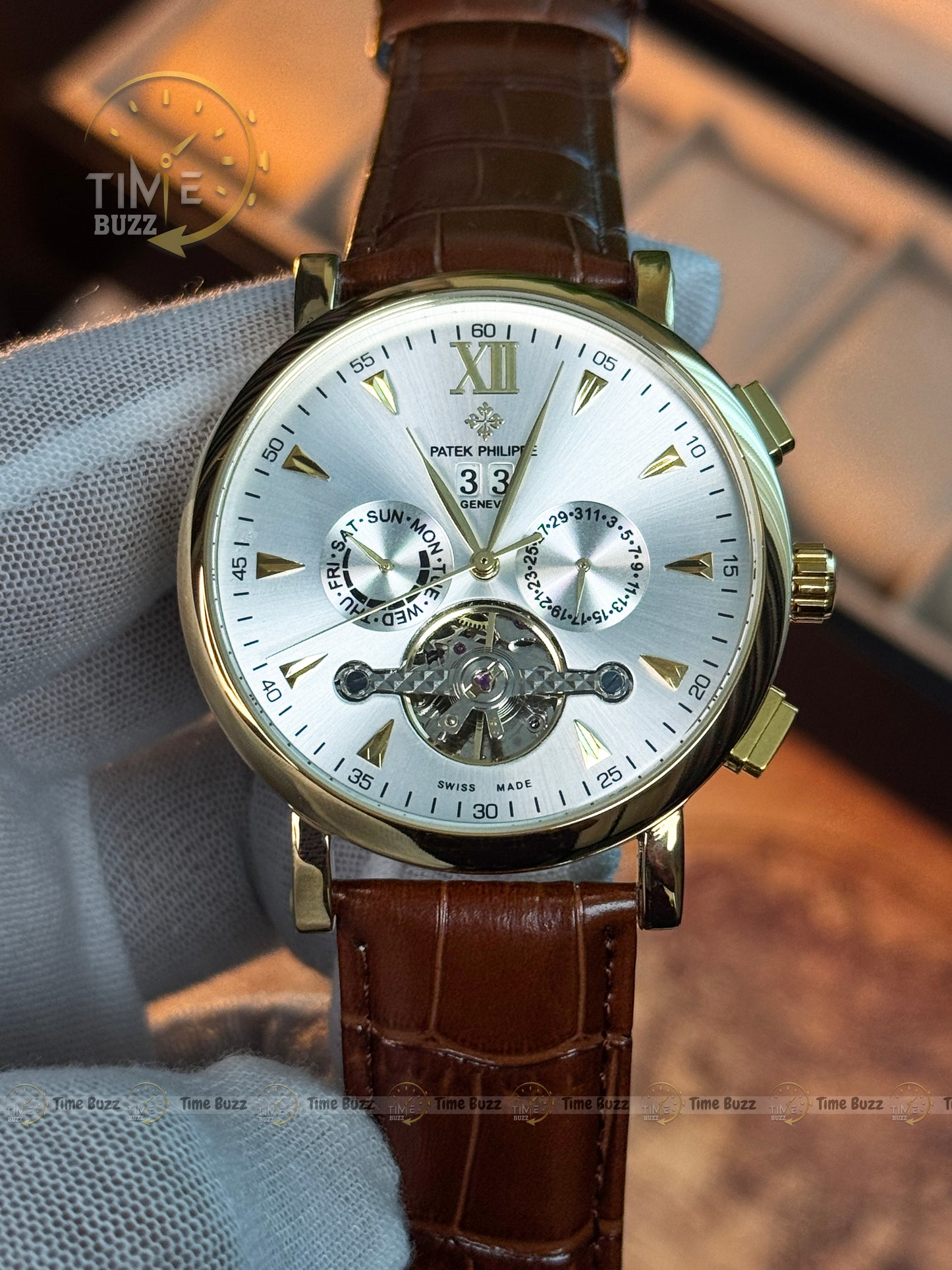 Patek Philippe Tourbillon Calendar Men’s Watch – White Dial & Brown Leather Strap