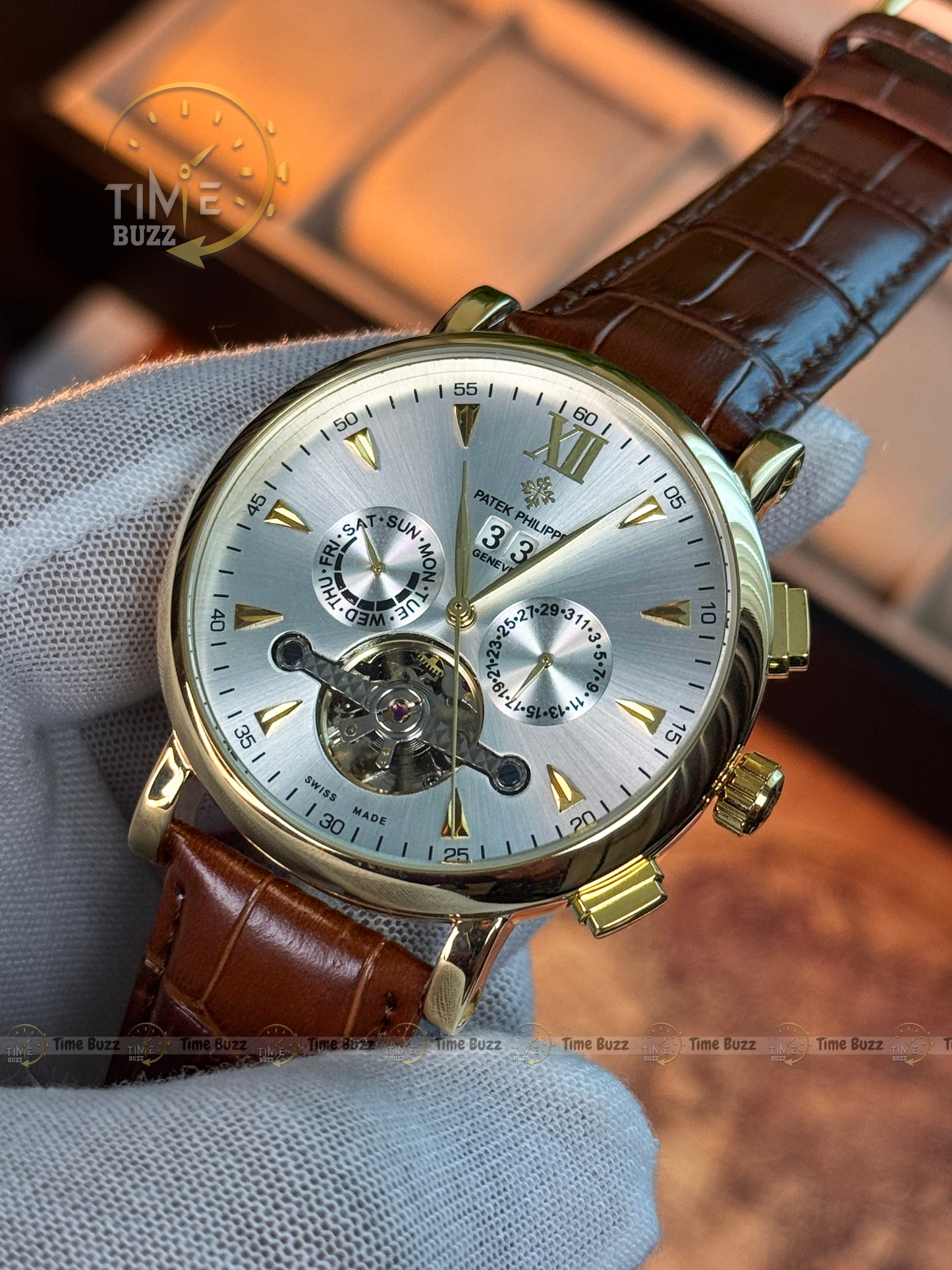 Patek Philippe Tourbillon Calendar Men’s Watch – White Dial & Brown Leather Strap