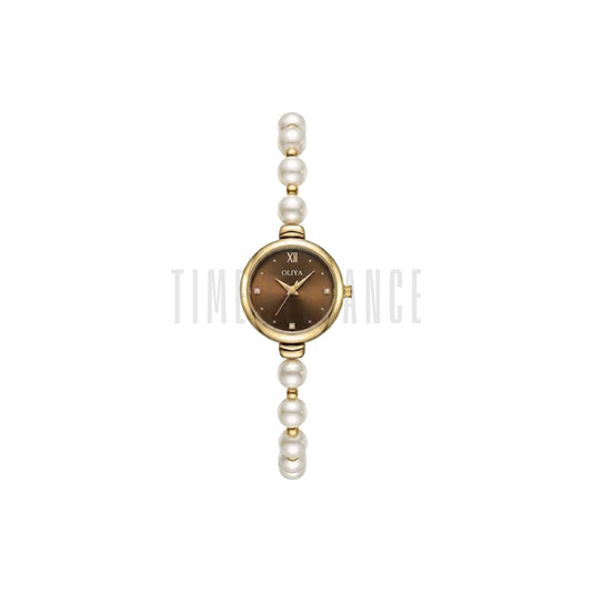 OLIYA 993 Women’s Pearl Bracelet Watch – Elegant Brown Dial Quartz Wristwatch
