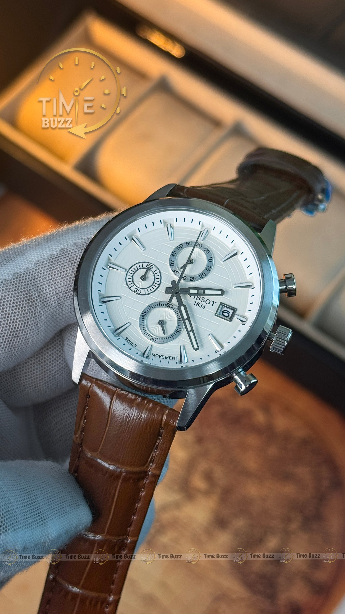 Tissot 1853 Men's Chronograph Watch – White Dial & Brown Leather Strap