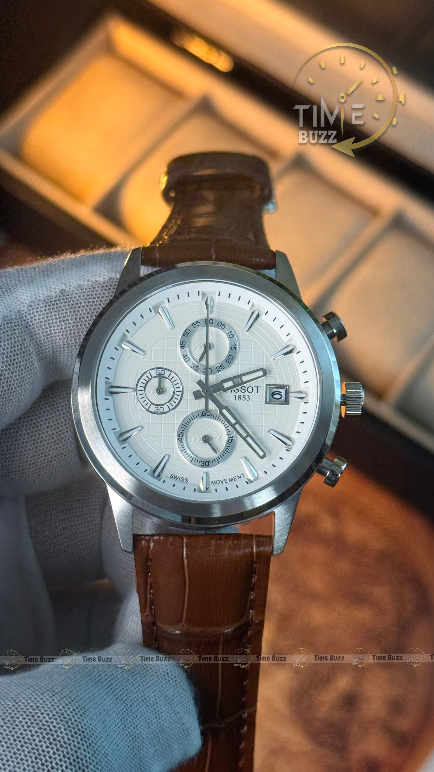 Tissot 1853 Men's Chronograph Watch – White Dial & Brown Leather Strap