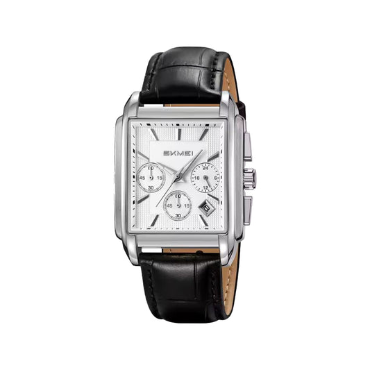 SKMEI 2339 Men’s Square Quartz Watch Silver – Genuine Leather Waterproof Business Chronograph Wristwatch
