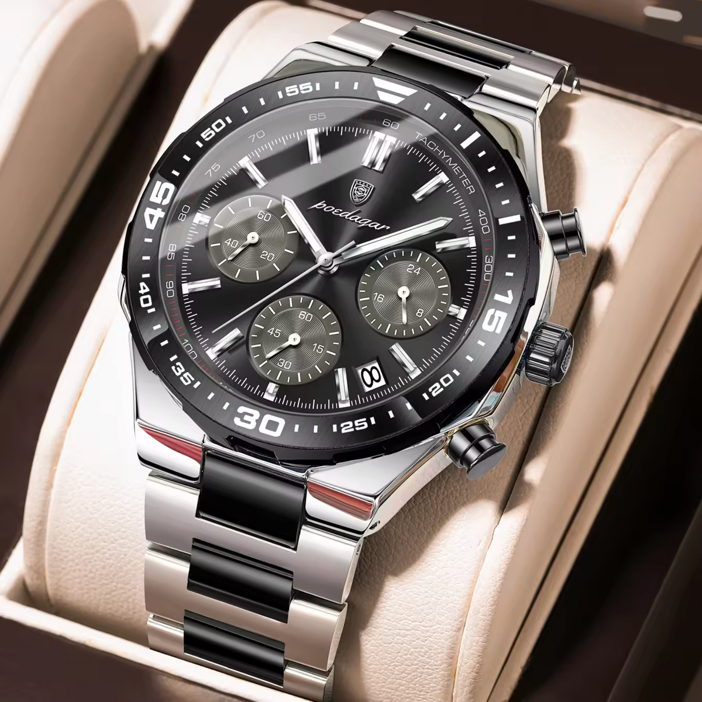 POEDAGAR 697 Men’s Luxury Quartz Chronograph Watch Two Tone Black– Stainless Steel Waterproof Luminous Wristwatch