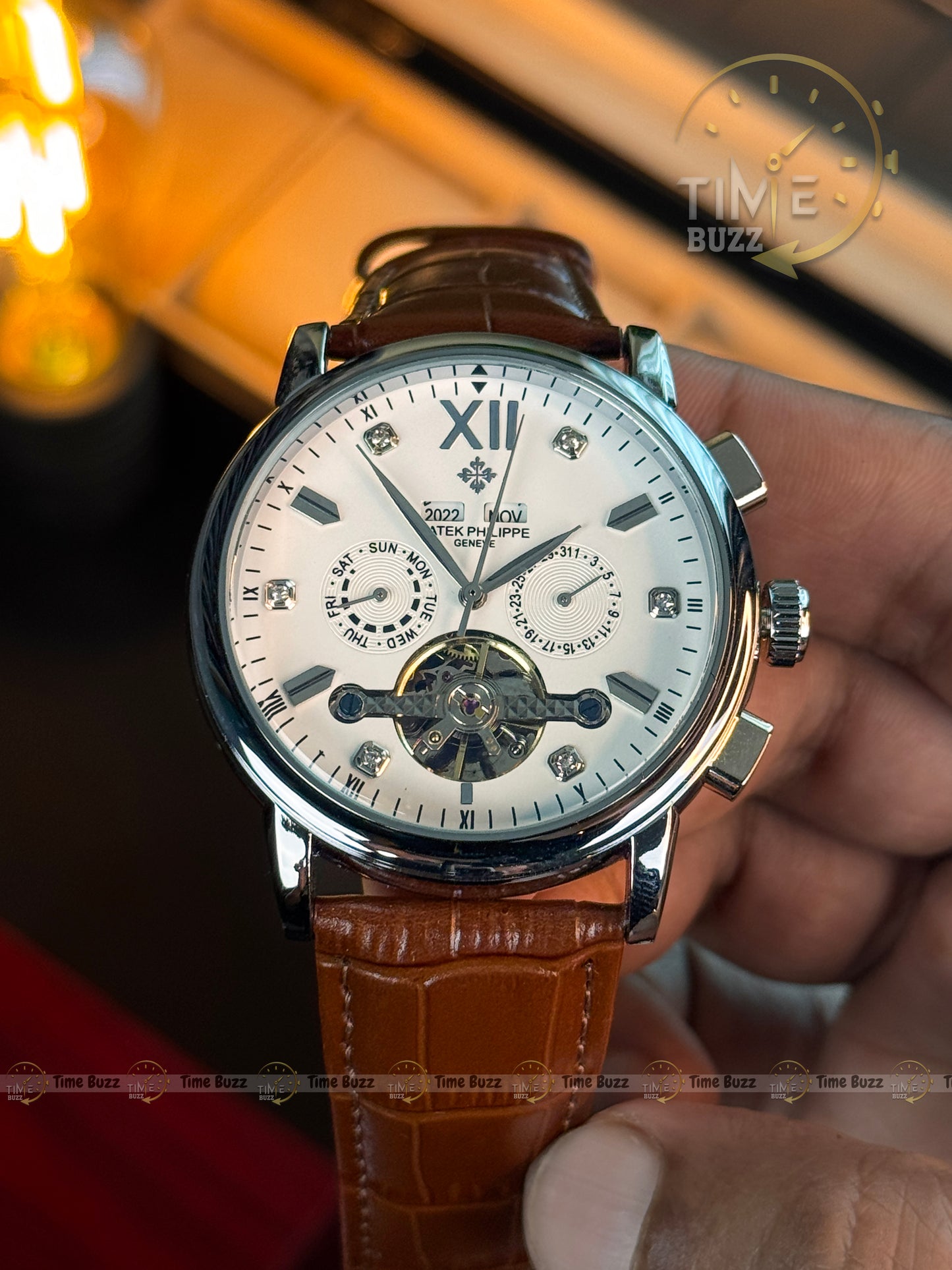 Patek Philippe Tourbillon Calendar Men’s Watch – White Dial & Brown Leather Strap