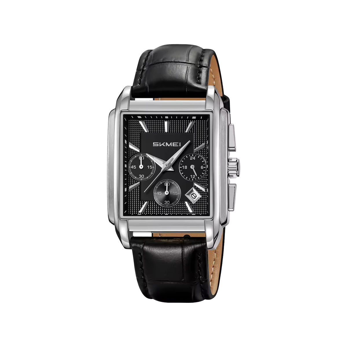 SKMEI 2339 Men’s Square Quartz Watch Silver Black – Genuine Leather Waterproof Business Chronograph Wristwatch