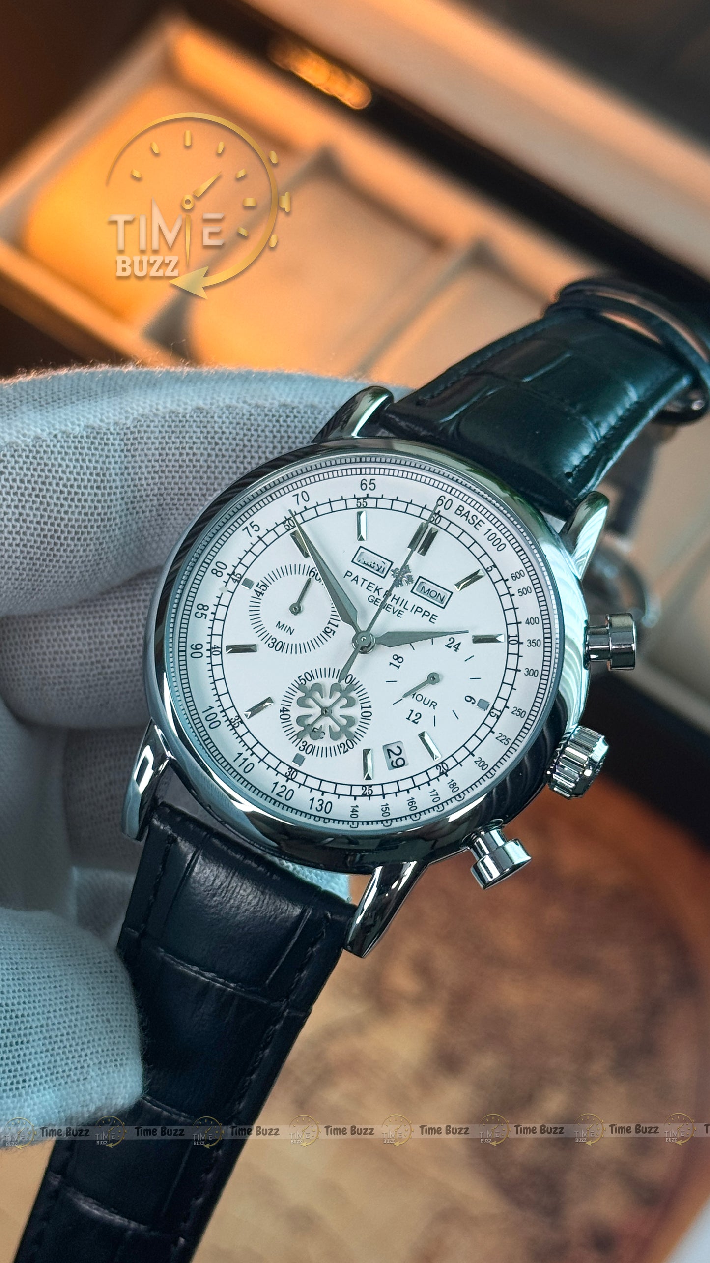 Patek Philippe Geneve Men's Chronograph Watch – White Dial & Black Leather Strap