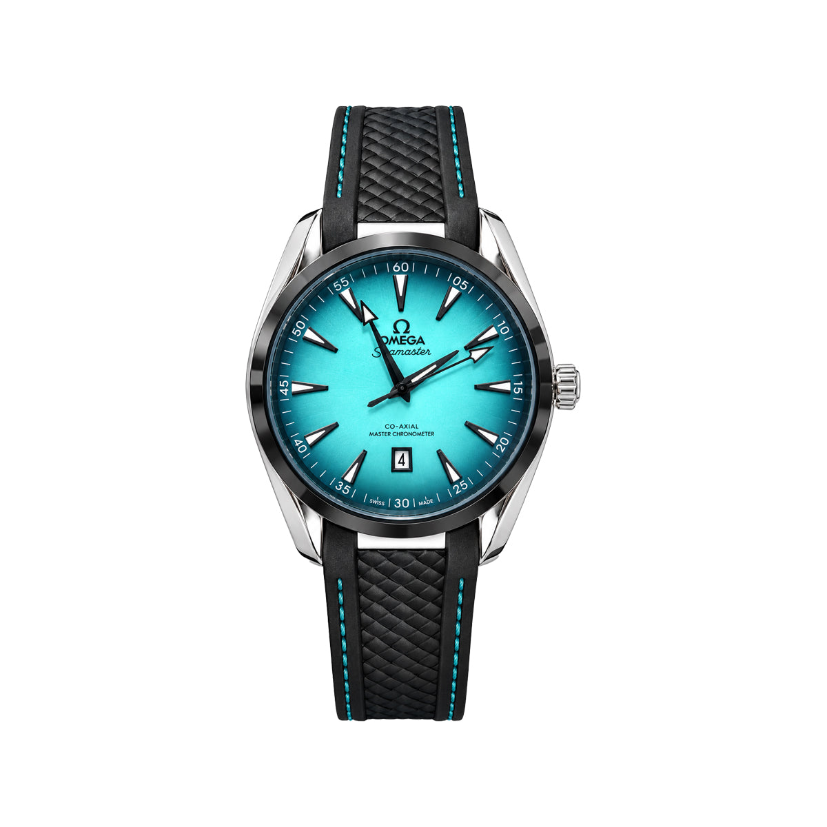 Omega x Swatch Calibre Ultra 2 watch featuring a vibrant turquoise blue dial, a silver stainless steel case, and a black textured rubber strap with light blue stitching, shown against a plain white background.