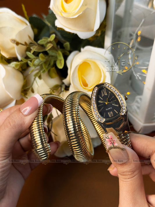 Luxury Gold Snake Large Bracelet Women's Quartz Watch with Black Dial | Crystal Fashion Bangle Watch