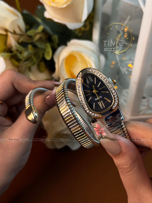 Luxury Silver Snake Bracelet Women's Quartz Watch with Black Dial | Crystal Fashion Bangle Watch