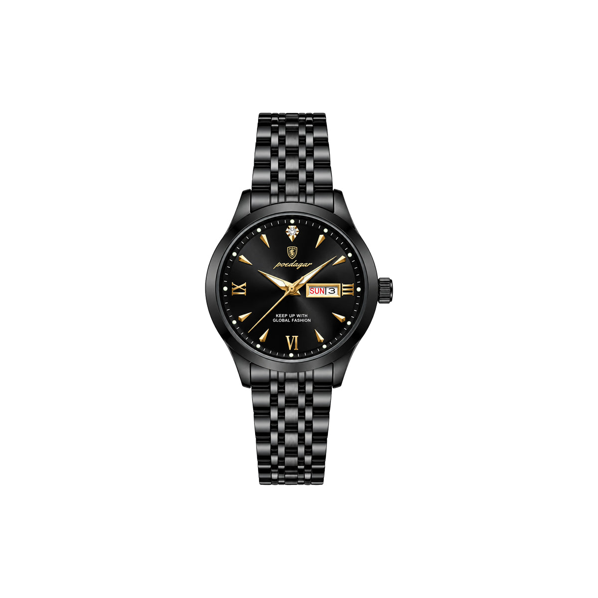 POEDAGAR 504 Women’s Quartz Watch Black – Stainless Steel Band & Complete Calendar Design