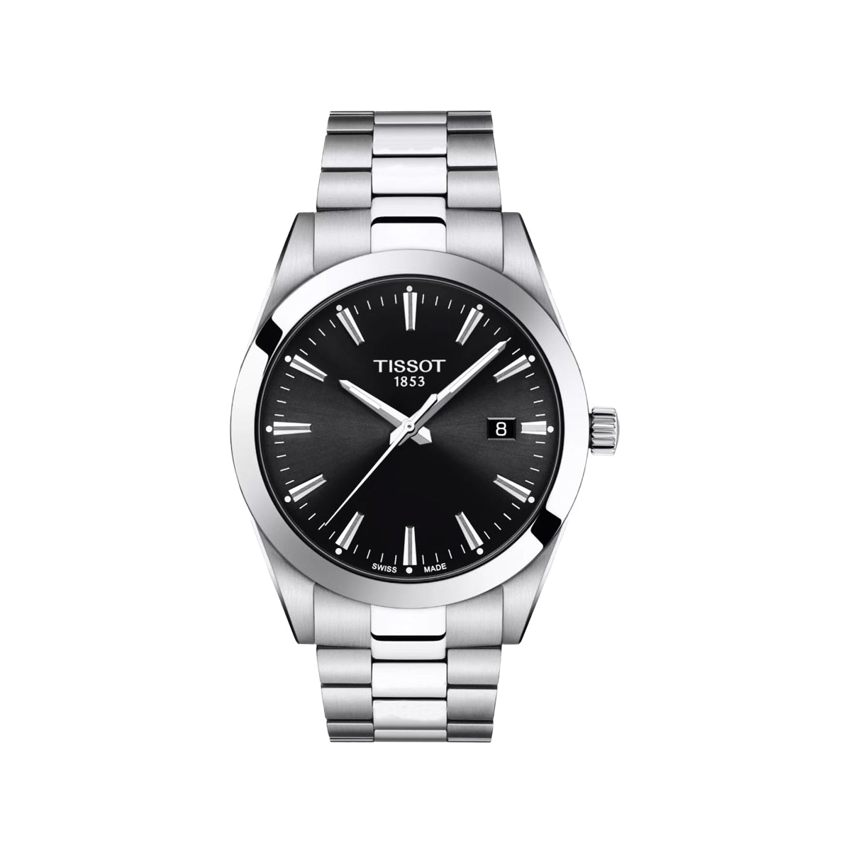 Tissot men's stainless steel watch with a black dial, silver-tone case, and integrated link bracelet, shown on a plain white background.