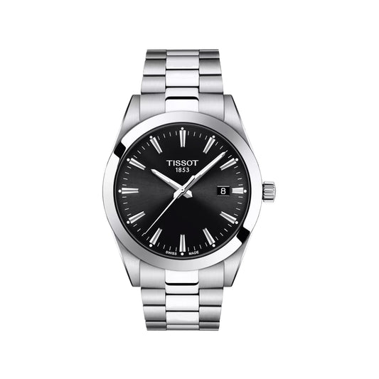 Tissot men's stainless steel watch with a black dial, silver-tone case, and integrated link bracelet, shown on a plain white background.