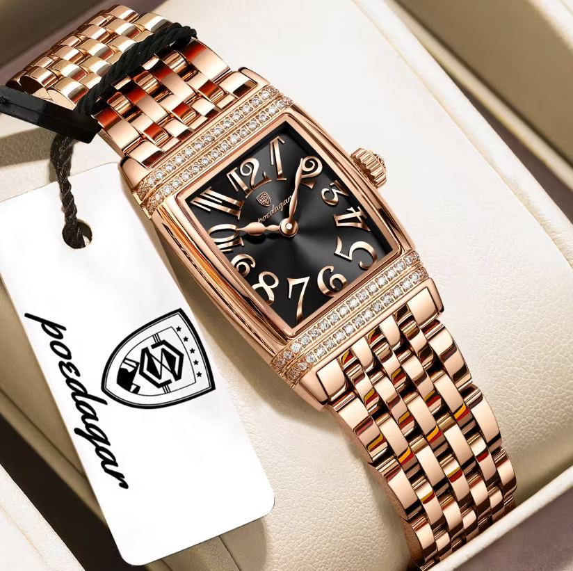 Poedagar 799 Women's Luxury Watch | Square Rose Black Design