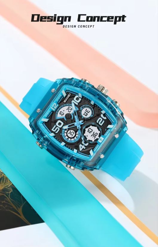 SKMEI 2603 Men’s Tonneau Digital Sports Watch Translucent blue– Chrono Waterproof LED Wristwatch
