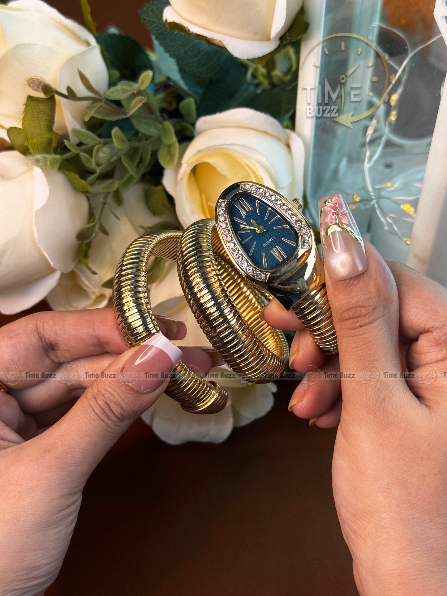Luxury Gold Snake Large Bracelet Women's Quartz Watch with Sapphire Blue Dial | Crystal Bezel Fashion Bangle Watch