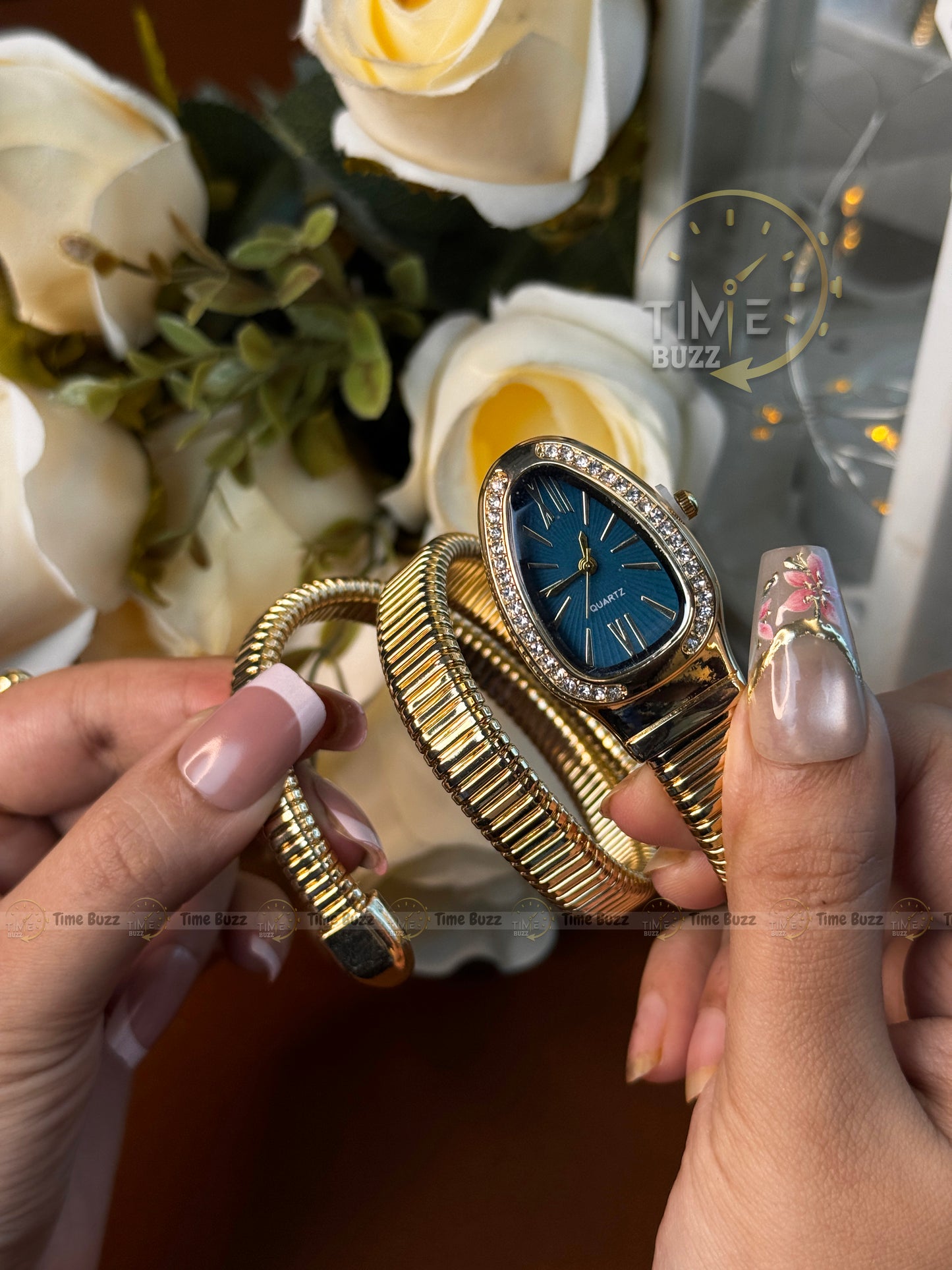 Luxury Gold Snake Bracelet Women's Quartz Watch with Sapphire Blue Dial | Crystal Bezel Fashion Bangle Watch