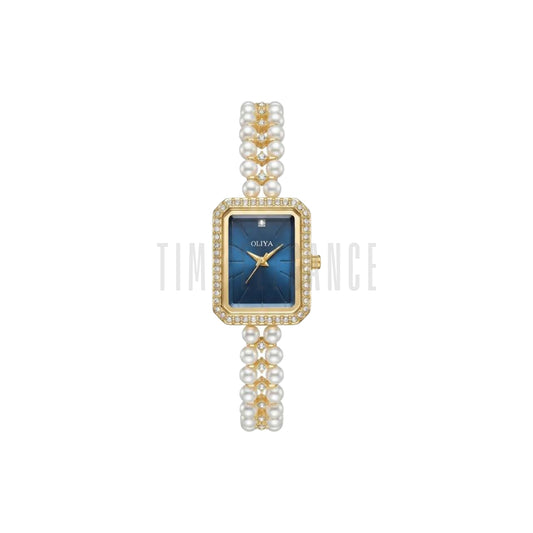 OLIYA 186 Women’s Square Pearl Strap Watch Blue Dial – Elegant Jewelry Bracelet Quartz Wristwatch