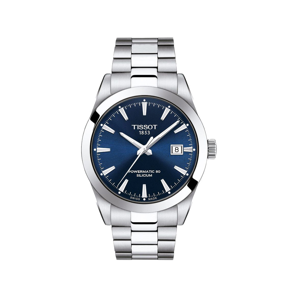 Tissot Powermatic 80 Silicium watch with a silver stainless steel case and link bracelet, featuring a deep blue dial with silver-tone indices and hands.