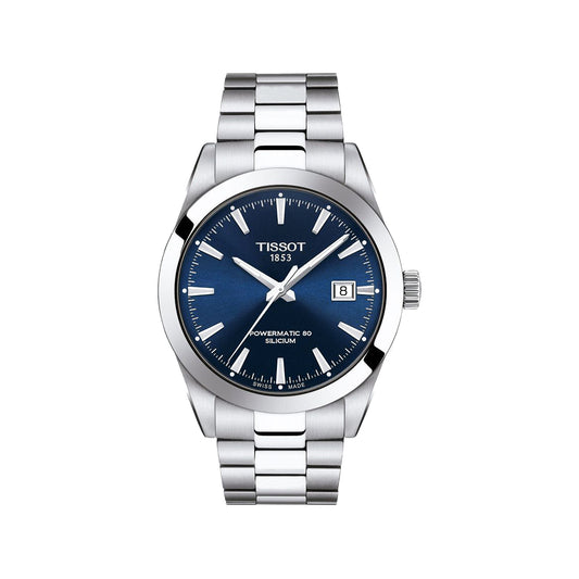 Tissot Powermatic 80 Silicium watch with a silver stainless steel case and link bracelet, featuring a deep blue dial with silver-tone indices and hands.