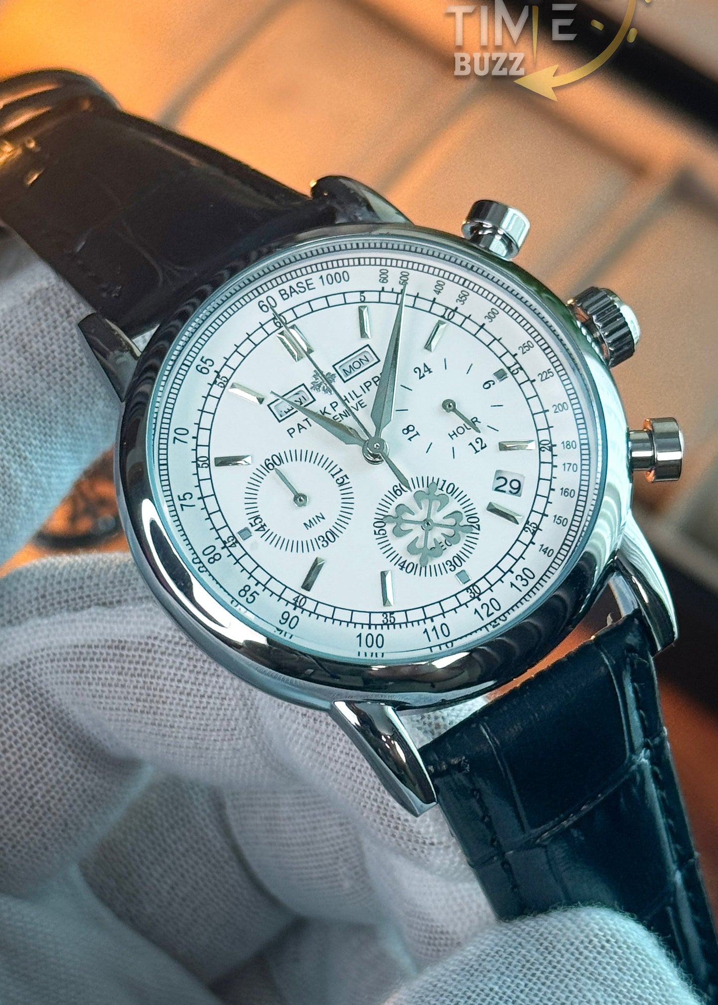 Patek Philippe Geneve Men's Chronograph Watch – White Dial & Black Leather Strap