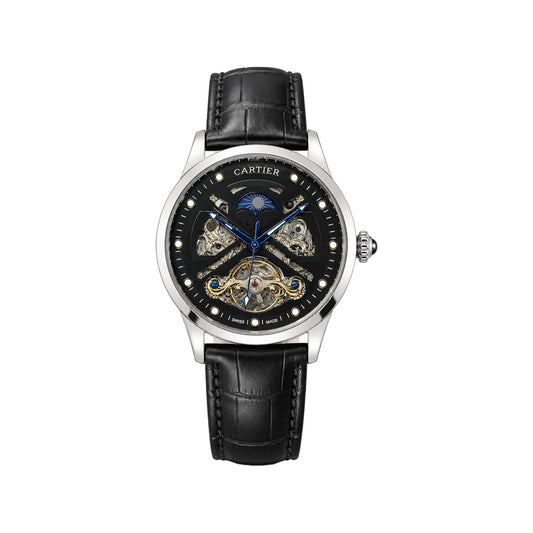 CARTIER Silver Skeleton Automatic Men’s Watch with Black Dial and Leather Strap