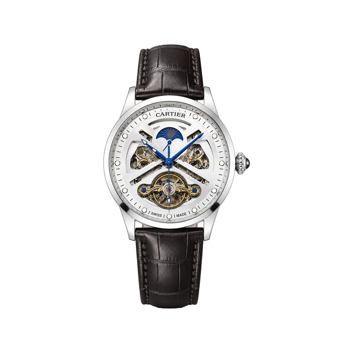 CARTIER Silver Skeleton Automatic Men’s Watch with Moonphase-Style Display and Black Leather Strap