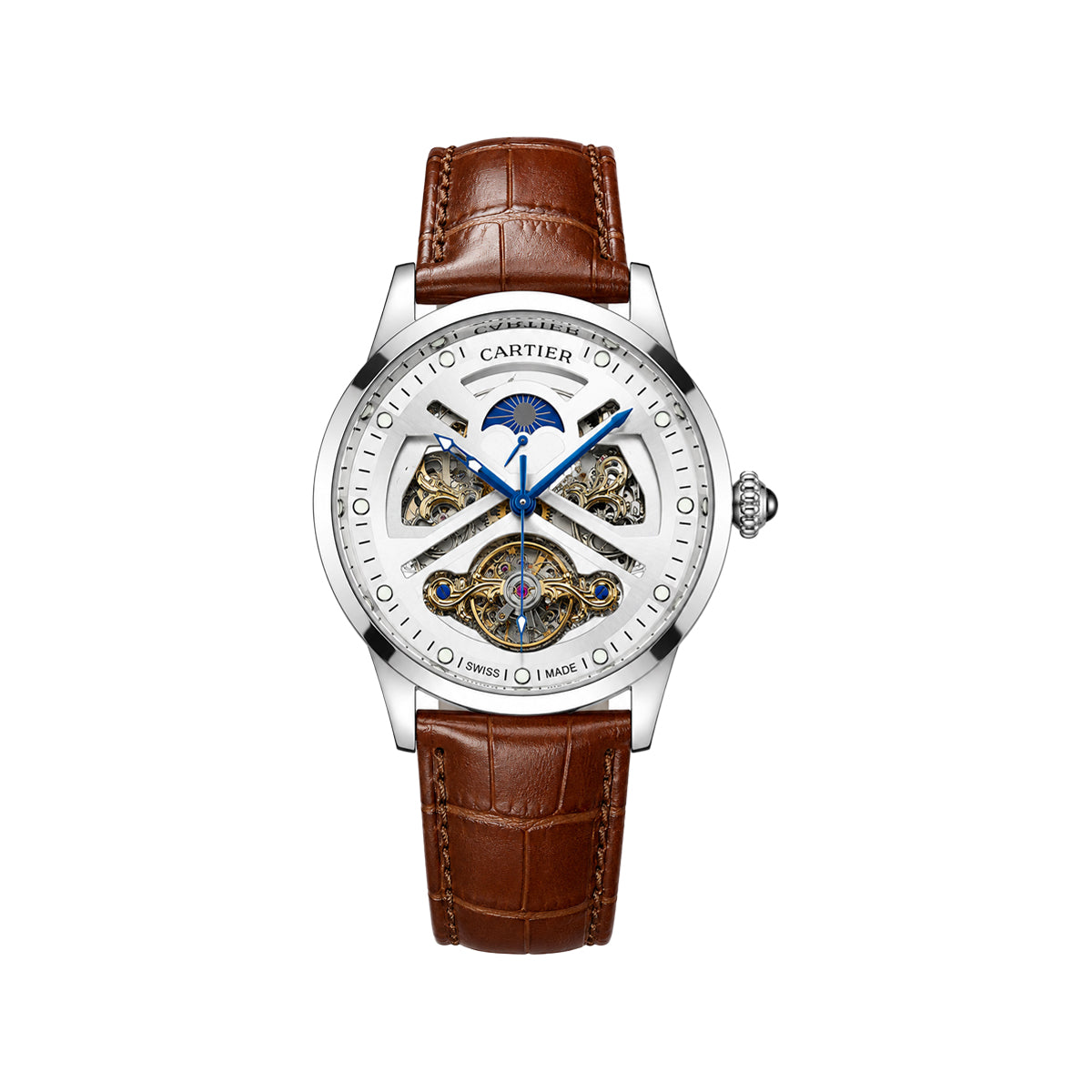 CARTIER Silver Skeleton Automatic Men’s Watch with White Dial and Brown Leather Strap
