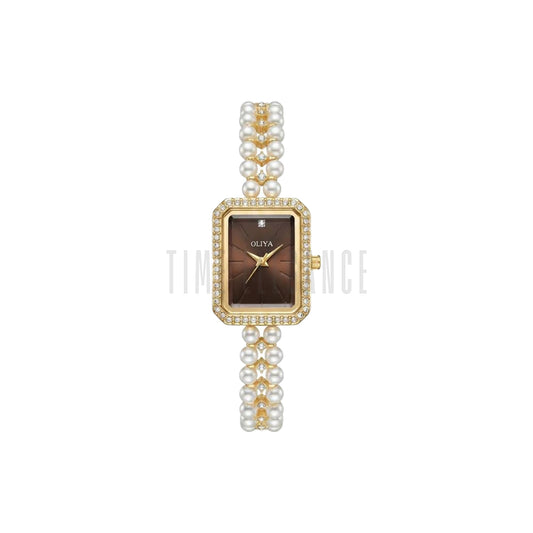 OLIYA 186 Women’s Square Pearl Strap Watch Brown Dial – Elegant Jewelry Bracelet Quartz Wristwatch
