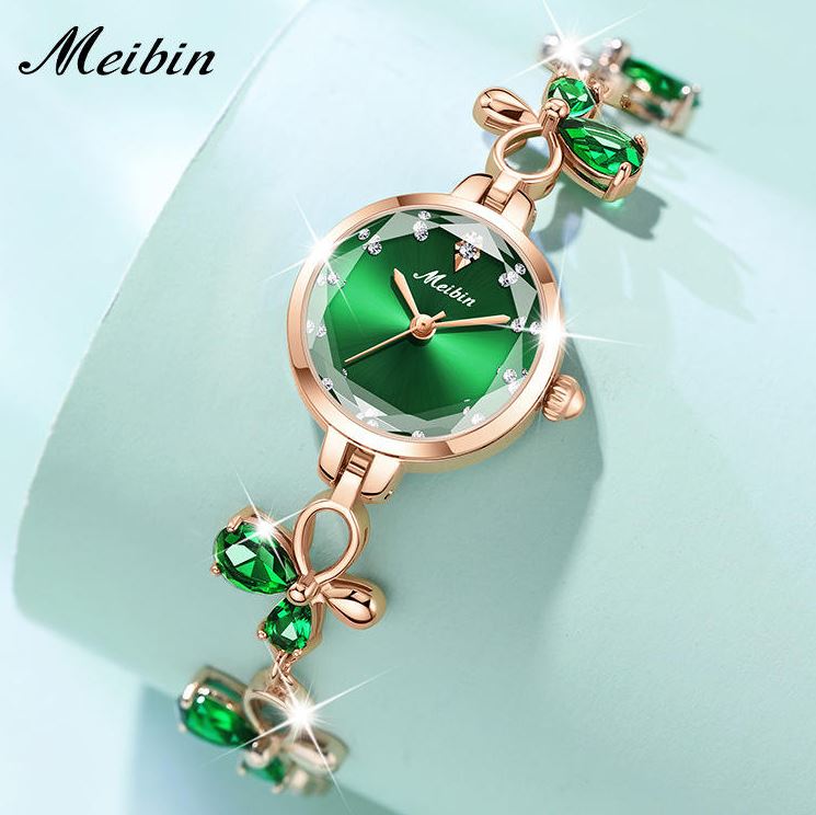 MEIBIN 1673 Women’s Fashion Butterfly Bracelet Watch – Green Dial Quartz Water Diamond Wristwatch