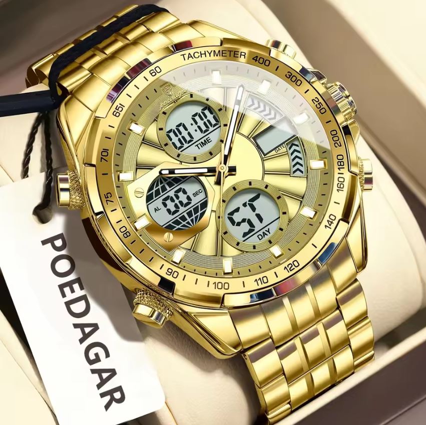 Gold wristwatch with digital and analog display on a beige background, featuring the brand 'POEDAGAR'.