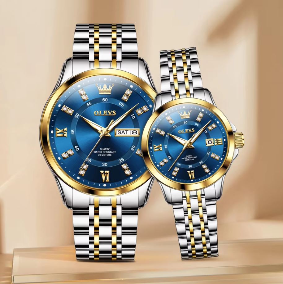 OLEVS 3620 Luxury Couple Quartz Watch Two Tone Blue– Stainless Steel Matching Wristwatch Set