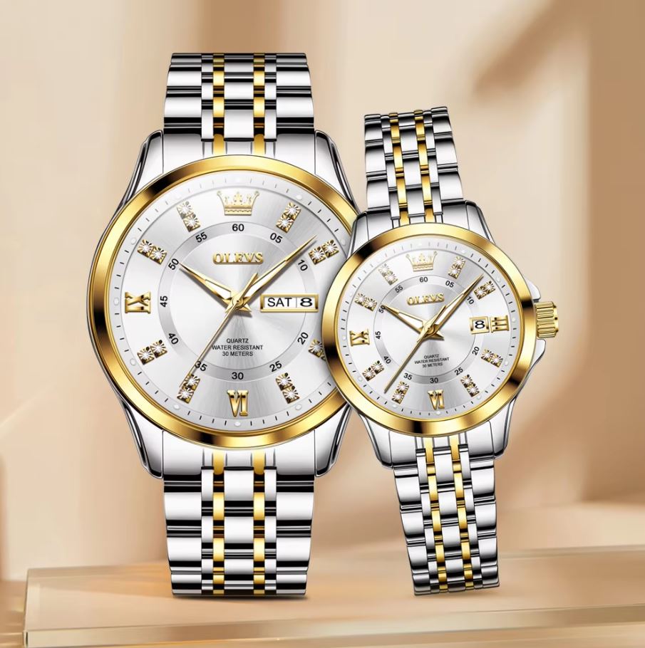 OLEVS 3620 Luxury Couple Quartz Watch Two Tone White– Stainless Steel Matching Wristwatch Set