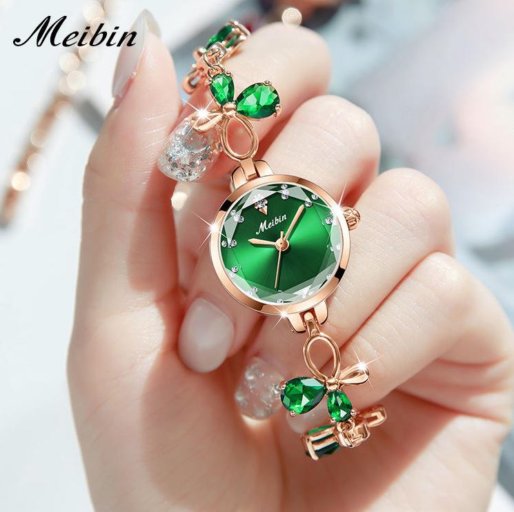 MEIBIN 1673 Women’s Fashion Butterfly Bracelet Watch – Green Dial Quartz Water Diamond Wristwatch