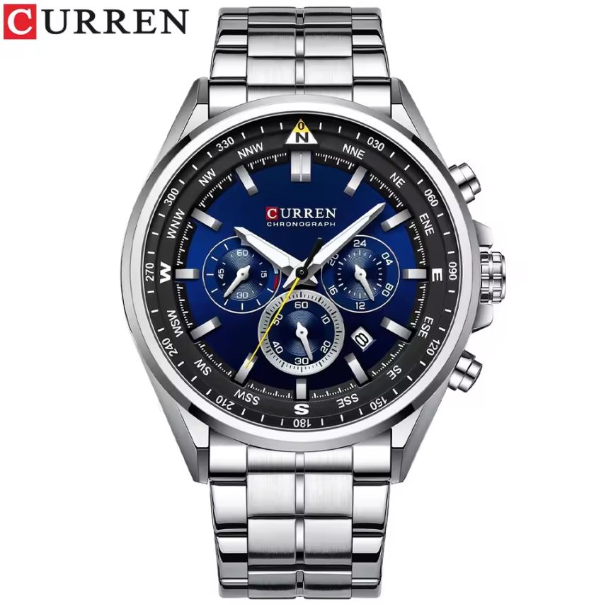 Curren watch with silver metal strap and blue dial on a white background