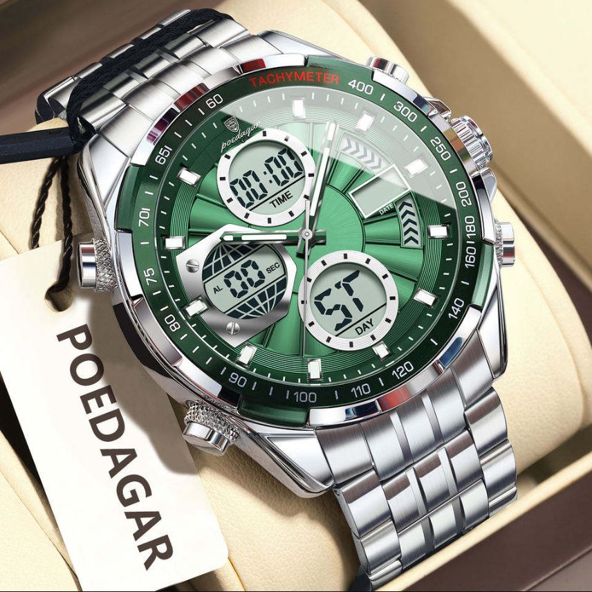 Green and silver watch with digital display on a beige background, featuring the brand 'POEDAGAR'.