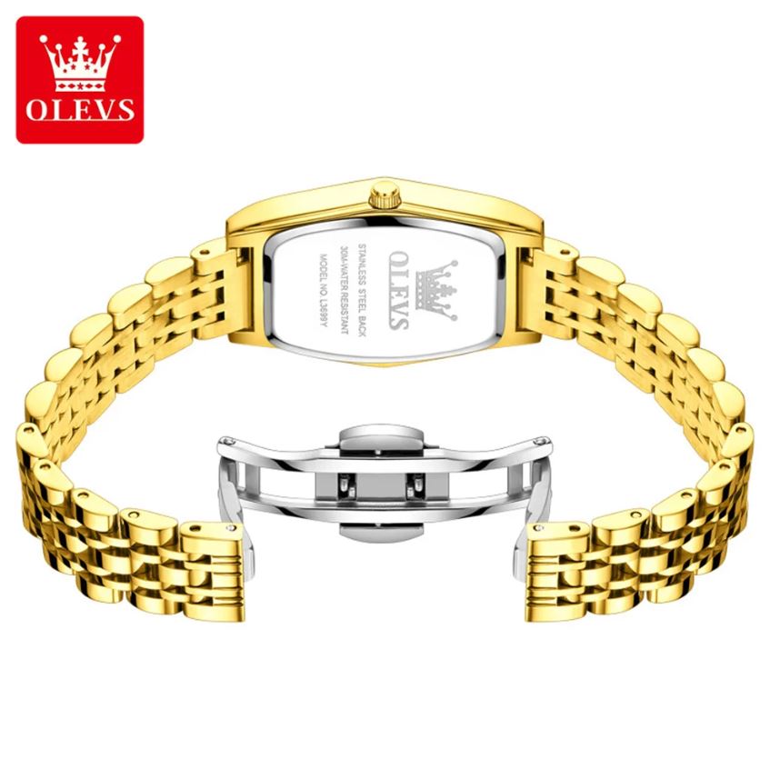 Gold watch with OLEVS branding on a white background