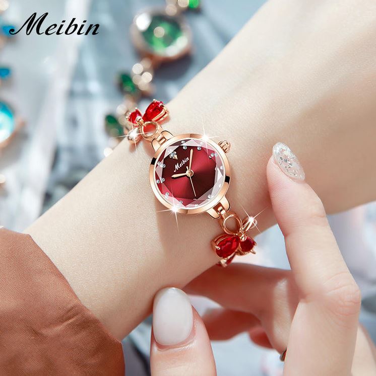 MEIBIN 1673 Women’s Fashion Butterfly Bracelet Watch – Red Dial Quartz Water Diamond Wristwatch