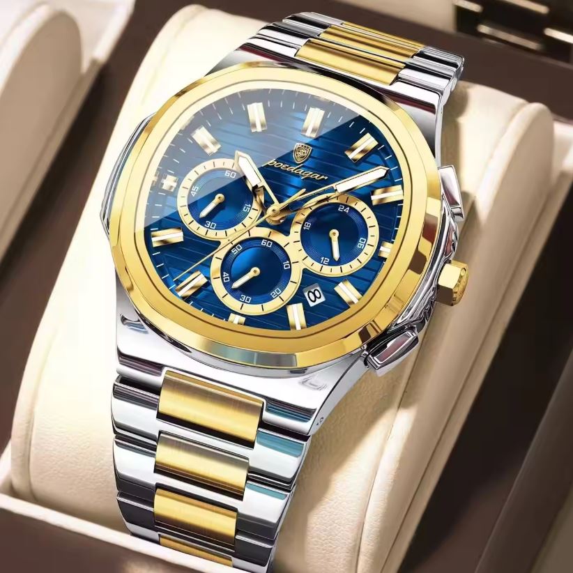 POEDAGAR 834 Men’s Luxury Square Quartz Watch Gold Blue– Waterproof Luminous Date Stainless Steel Wristwatch