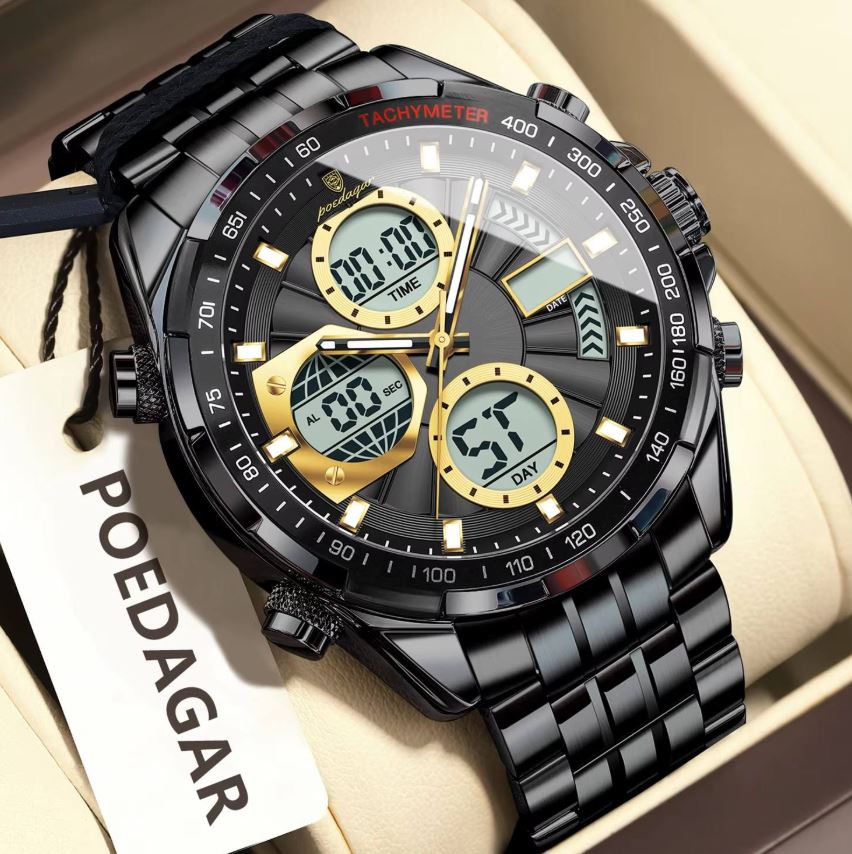 Black and gold watch with digital and analog display on a beige background, featuring the brand 'POEDAGAR'.