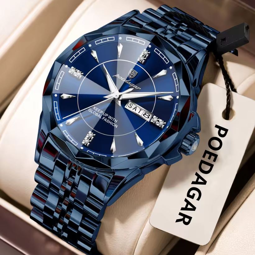 Blue wristwatch with a visible brand tag on a beige surface
