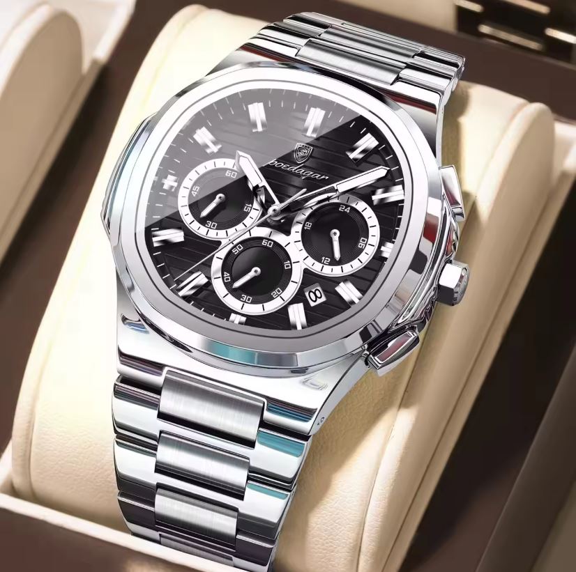 POEDAGAR 834 Men’s Luxury Square Quartz Watch Silver Black– Waterproof Luminous Date Stainless Steel Wristwatch