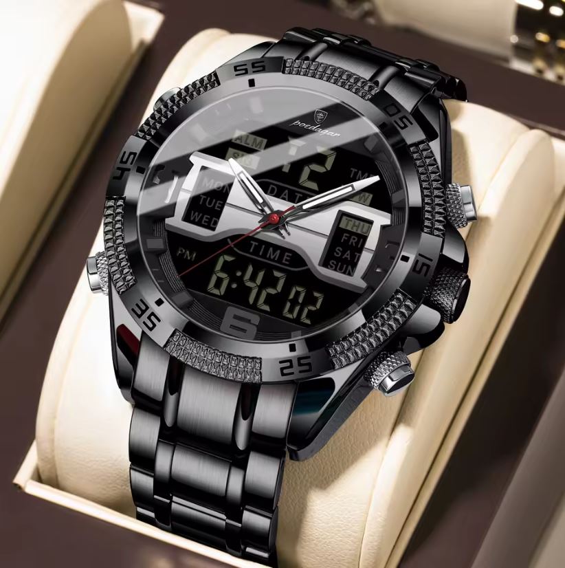 Black and silver wristwatch with digital and analog display on a beige cushion