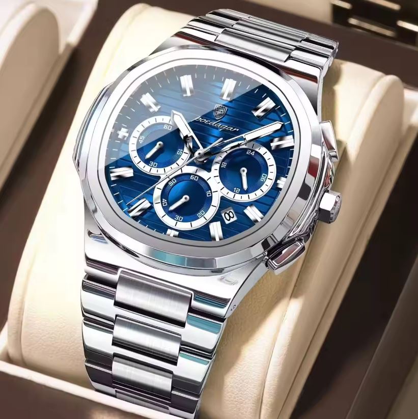 POEDAGAR 834 Men’s Luxury Square Quartz Watch Silver Blue– Waterproof Luminous Date Stainless Steel Wristwatch